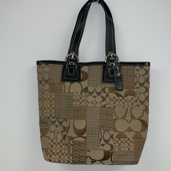 Coach Patchwork Canvas Tote with patent leather handles tag also silver hardware - Picture 1 of 12
